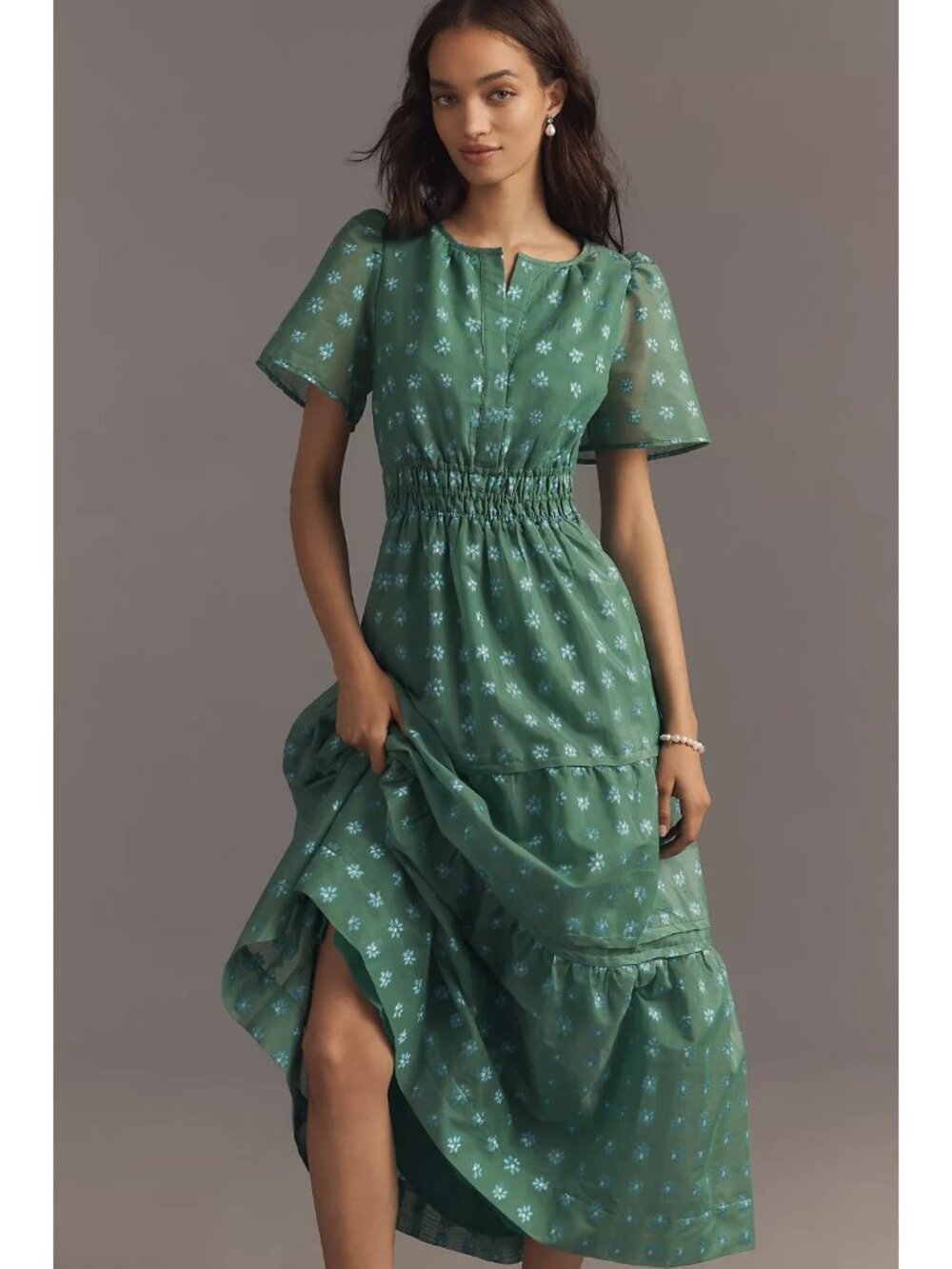 Anthropologie The Somerset Jacquard Maxi Dress Green Floral 2X